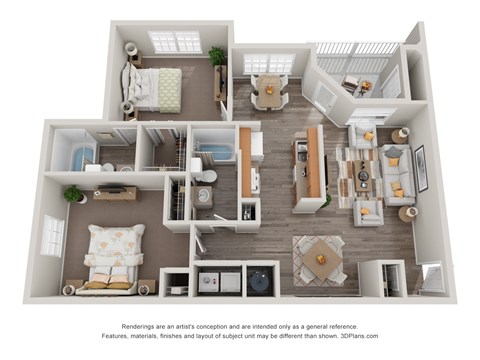 A 3D floor plan of a house with a living room, kitchen, and two bedrooms.